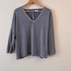 Poetry Blue Striped V Neck Top Womens Size 18 Organic Cotton Button Back Minimal